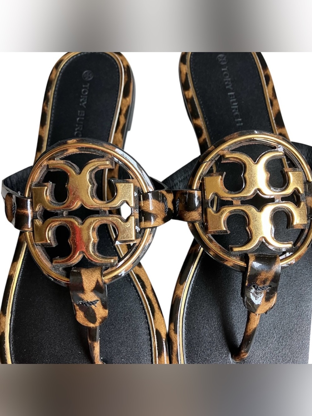 Tory Burch Miller Gold Metal Leopard Print Black Leather sandals 8 Luxury NWOB - Picture 6 of 11